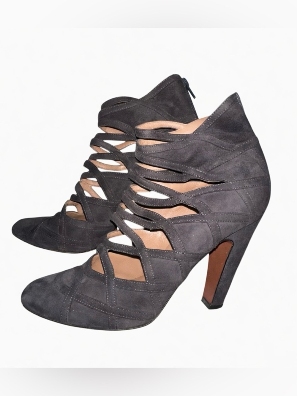 Azzedine ALAIA Paris Women's Gray Suede Cutout High Heel Booties